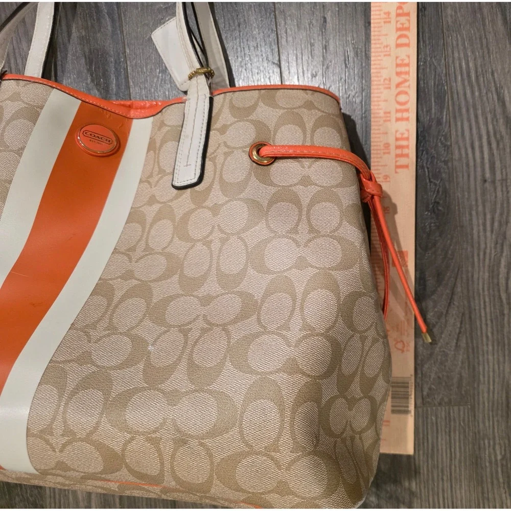 Coach‎ Heritage Stripe Drawstring Tote Bag Khaki Orange Signature Canvas F18923